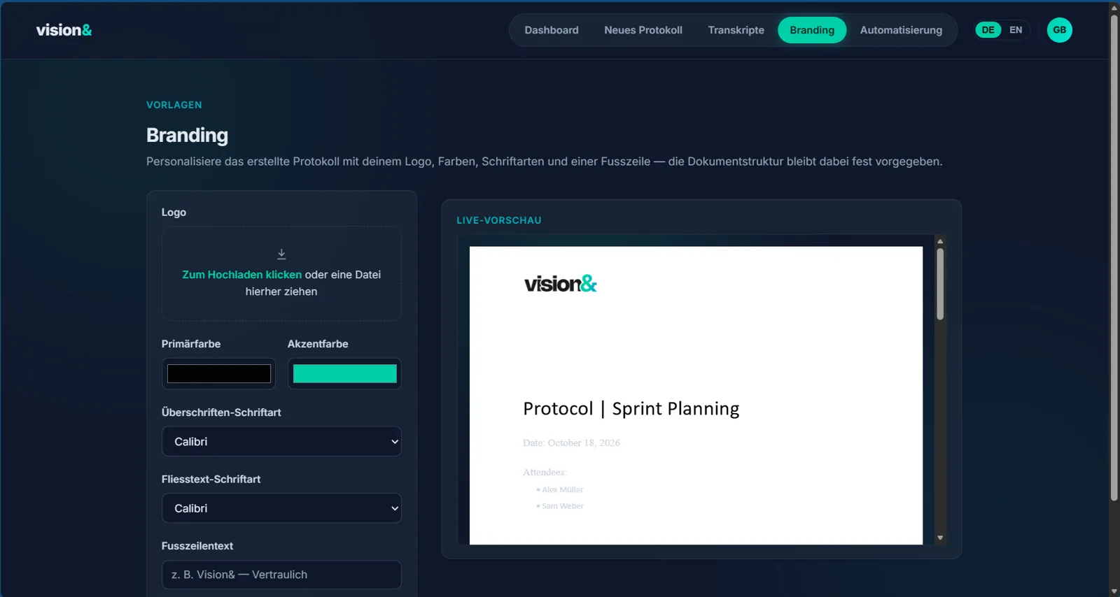 “Branding” view: settings for logo, colours, fonts and footer next to a live preview of the minutes