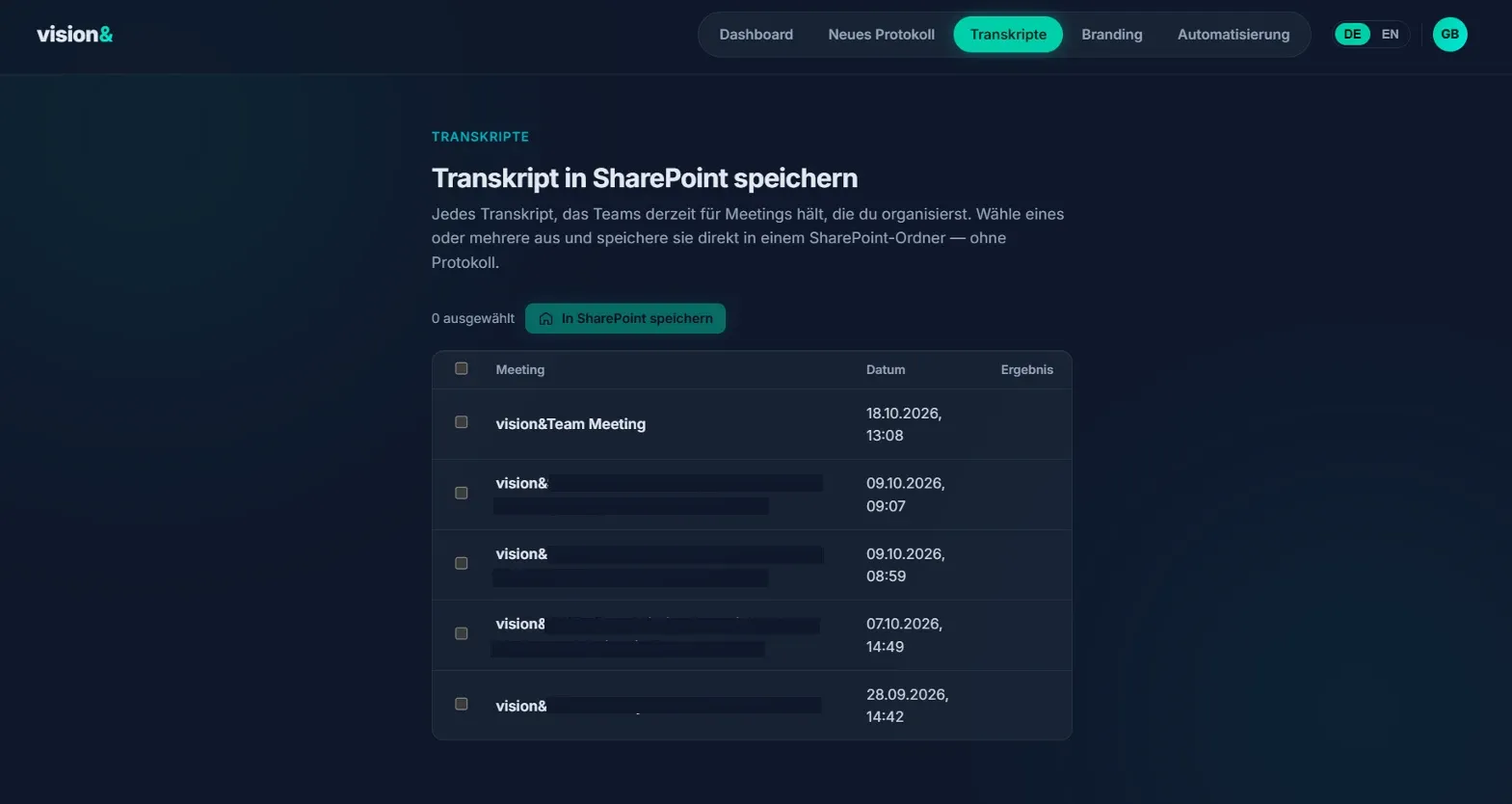 “Transcripts” view: list of Teams transcripts with selection and a “Save to SharePoint” button